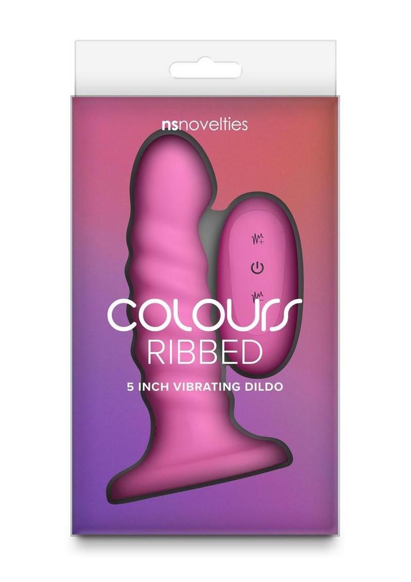 Colours Ribbed Rechargeable Silicone Vibrating Dildo with Remote Control - Pink - 5in