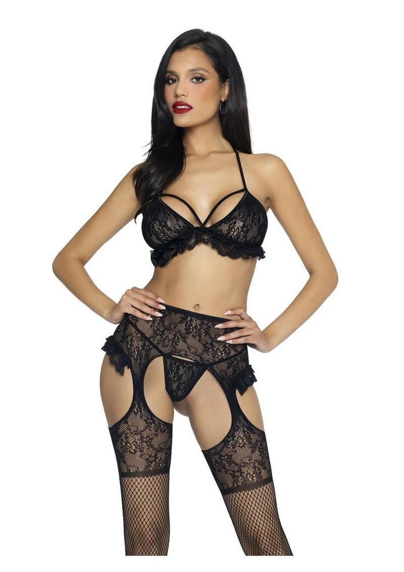 Leg Avenue Lace Ruffle Bra Top, G-String Panty, and Matching Garter Belt Stockings - Black - One Size - 3 Piece