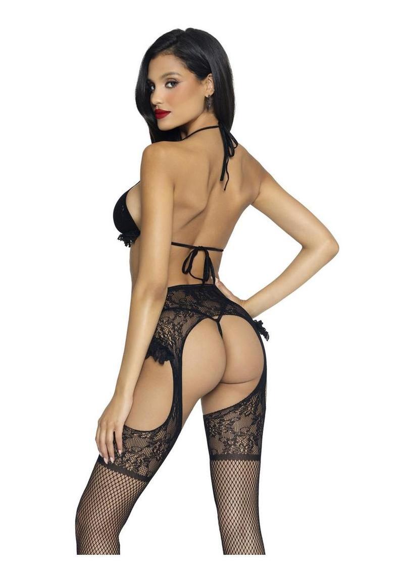 Leg Avenue Lace Ruffle Bra Top, G-String Panty, and Matching Garter Belt Stockings - Black - One Size - 3 Piece