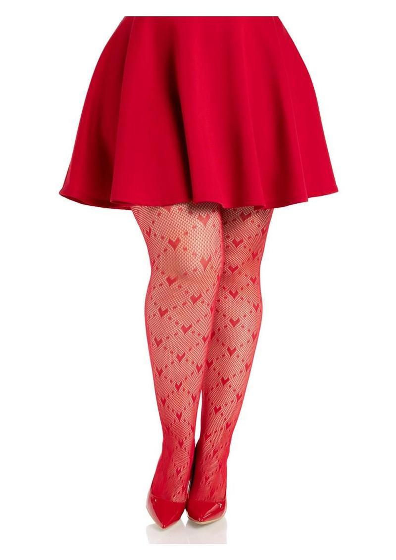 Leg Avenue Love Struck Heart Net Tights - 1x/2x - Red