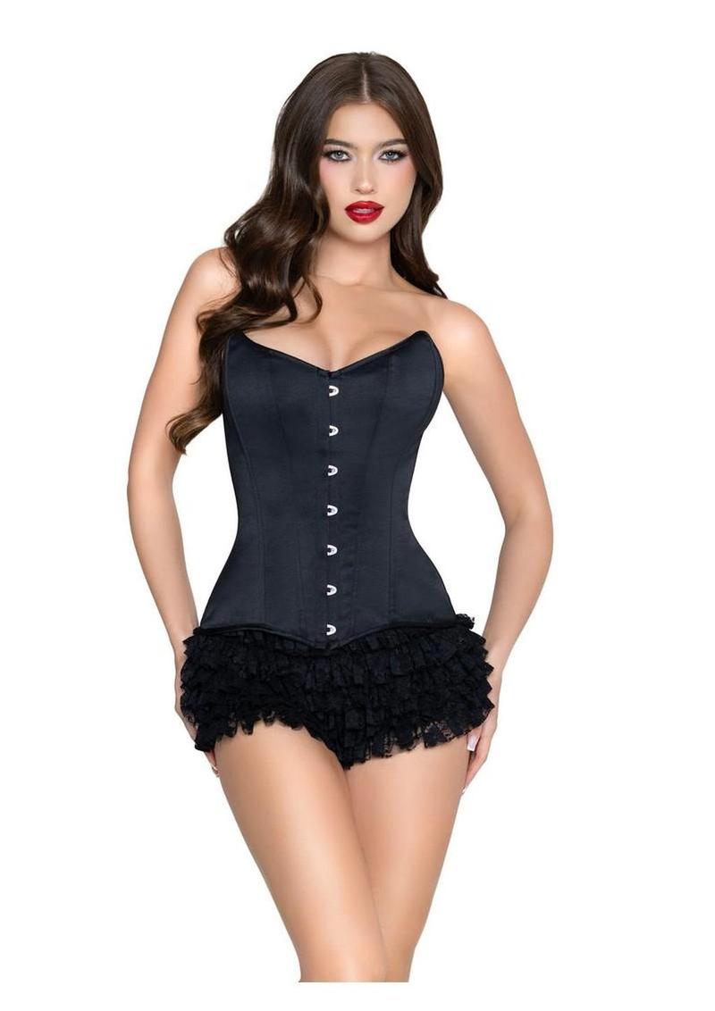 Leg Avenue Steel Boned Satin Corset with Full Busk Closer and Lace-Up Back - Black - Medium