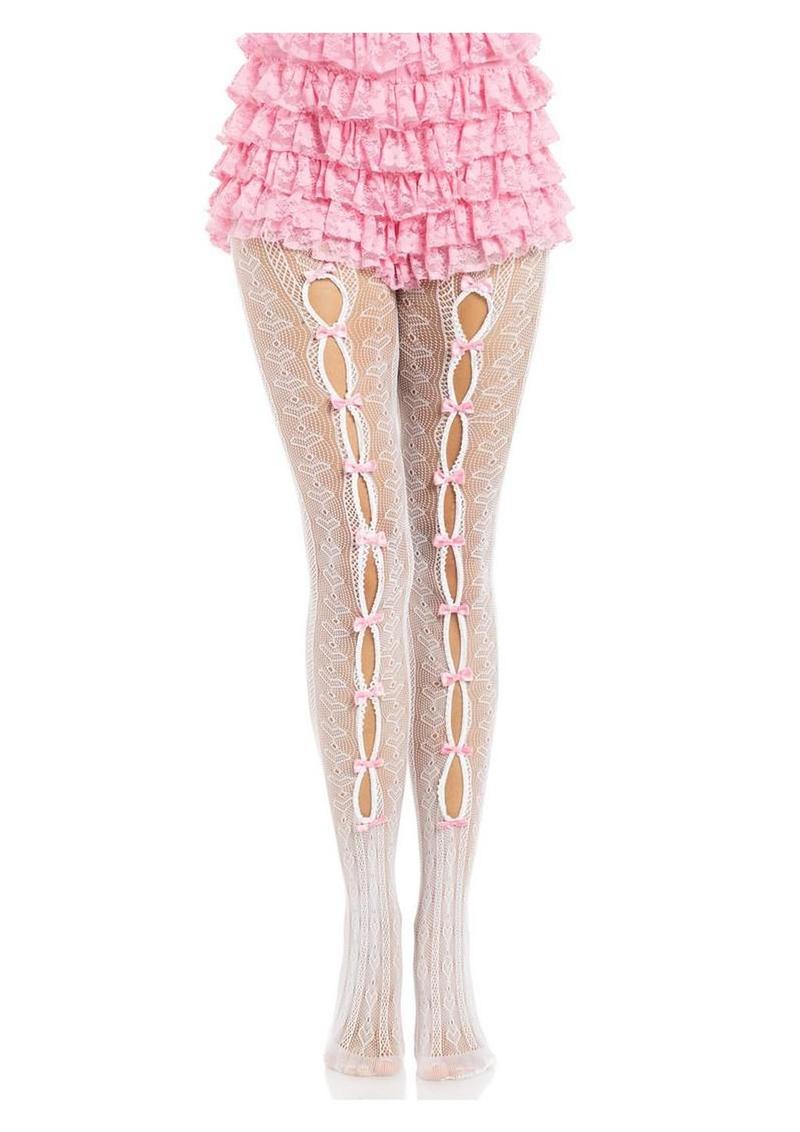 Leg Avenue Sweetheart Striped Net Tights with Keyhole and Mini Bow Detail - Pink/White - One Size